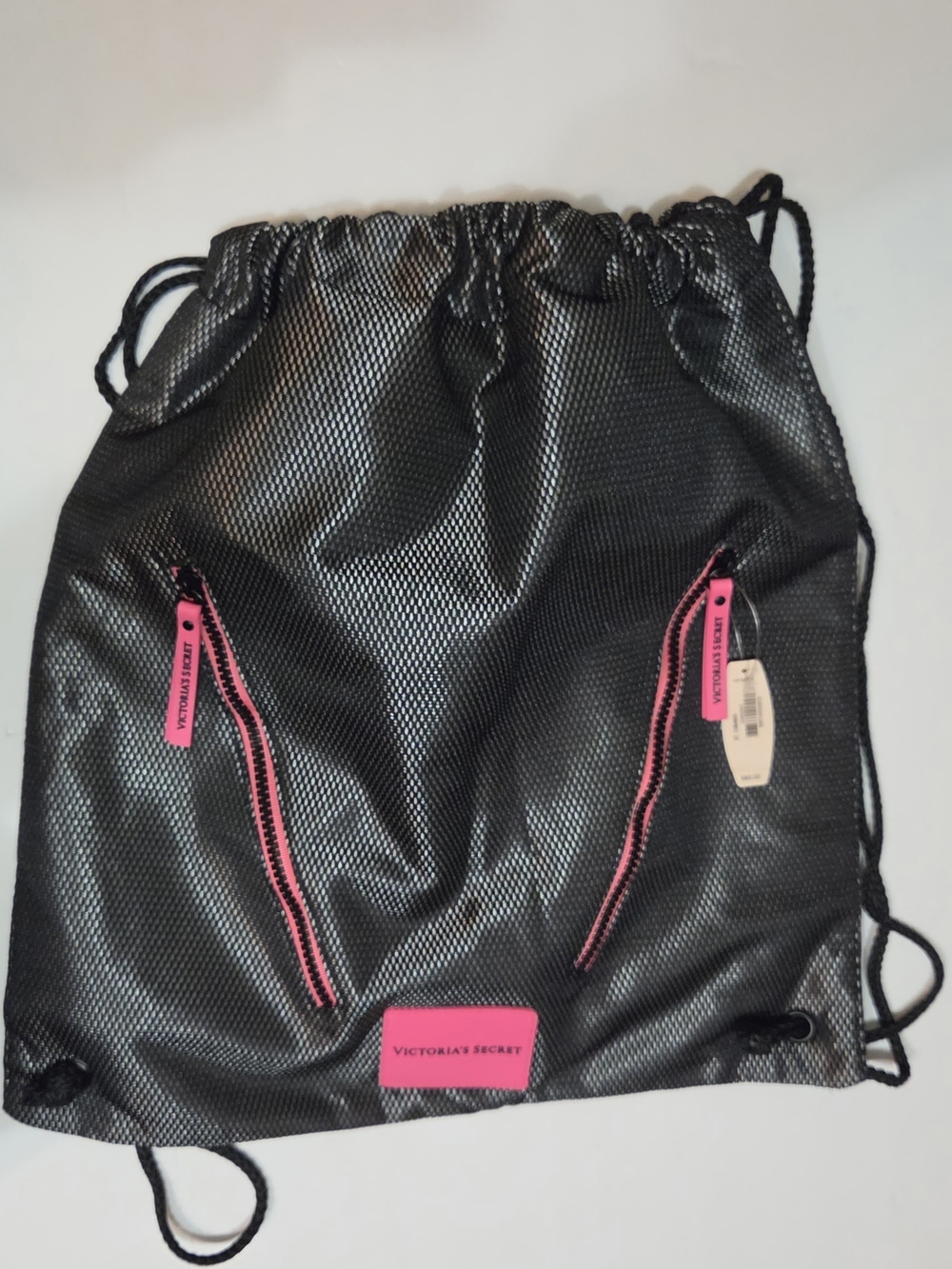 Victoria's Secret Black Drawstring Gym Bag with Pink Accents NWT